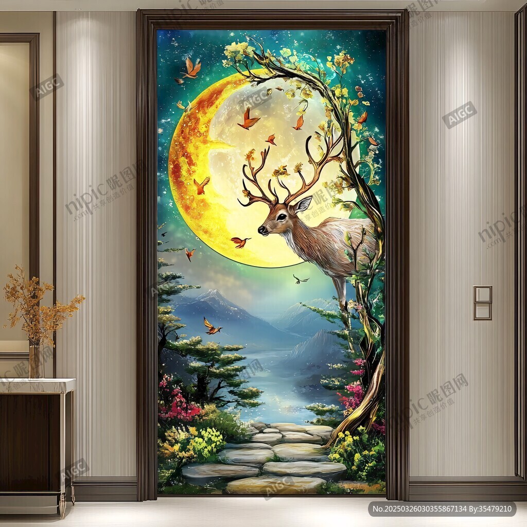 夢(mèng)幻月夜鹿影玄關(guān)裝飾畫