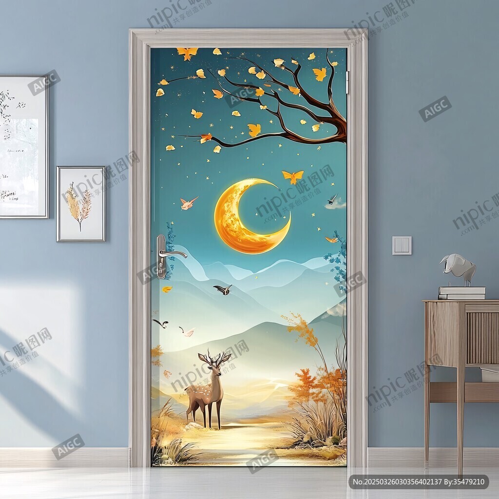月夜鹿影夢(mèng)幻門(mén)貼裝飾圖