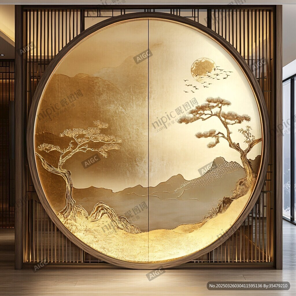 中式圓形山水屏風(fēng)藝術(shù)