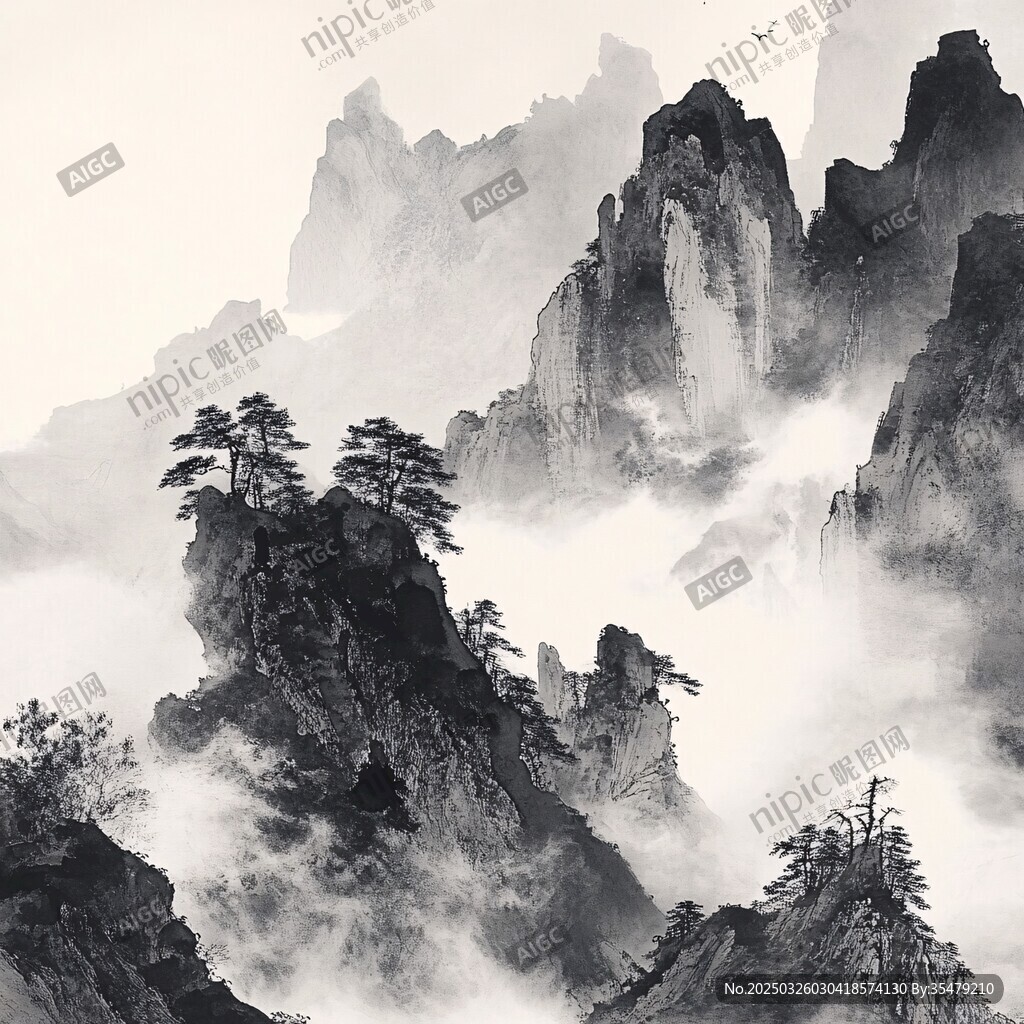 水墨群山間 云霧繞青松