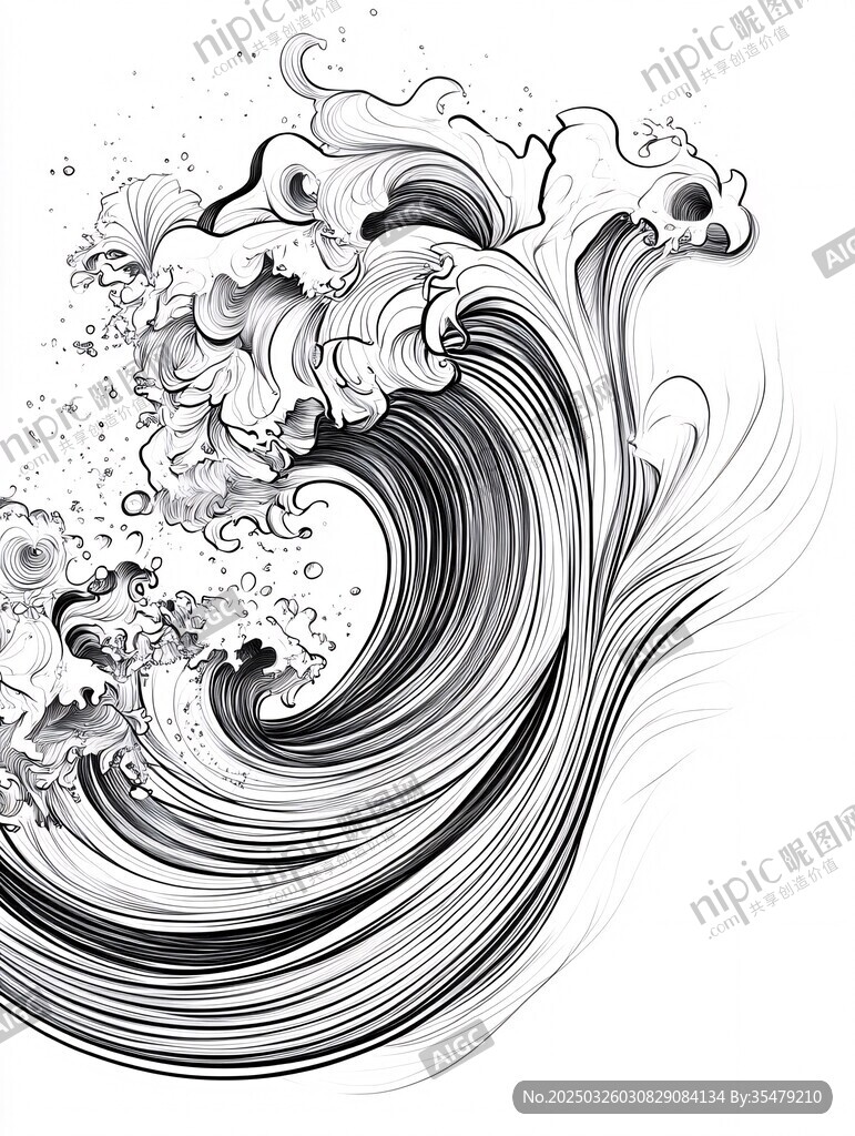 黑白手繪風(fēng)格洶涌海浪圖
