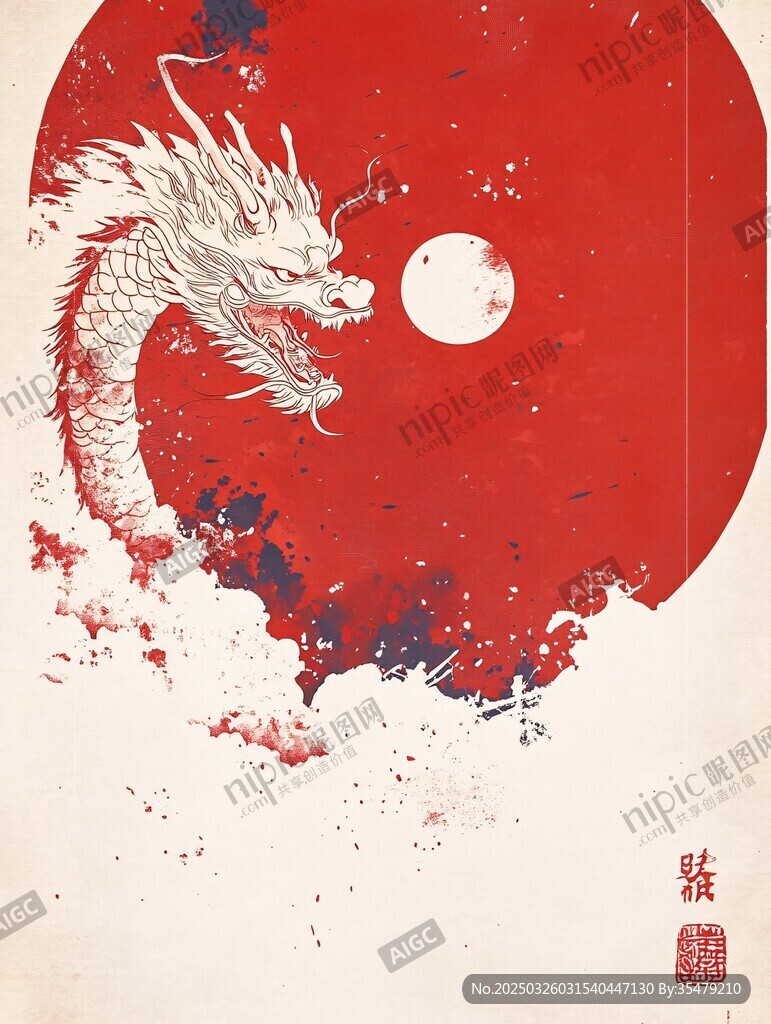 水墨中國龍紅日藝術(shù)插畫
