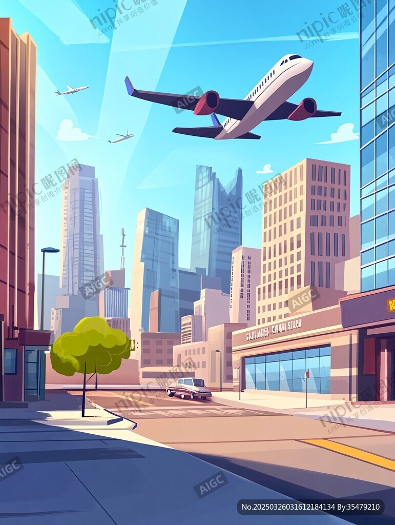 城市上空的飛機飛行景象