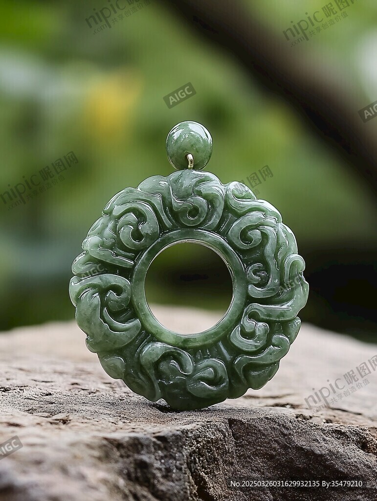 翠綠雕花玉墜 古典雅致