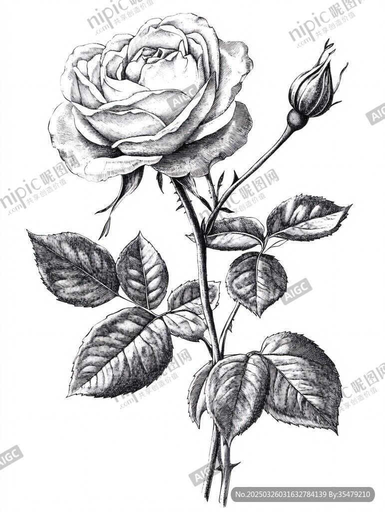 手繪單枝玫瑰素描圖