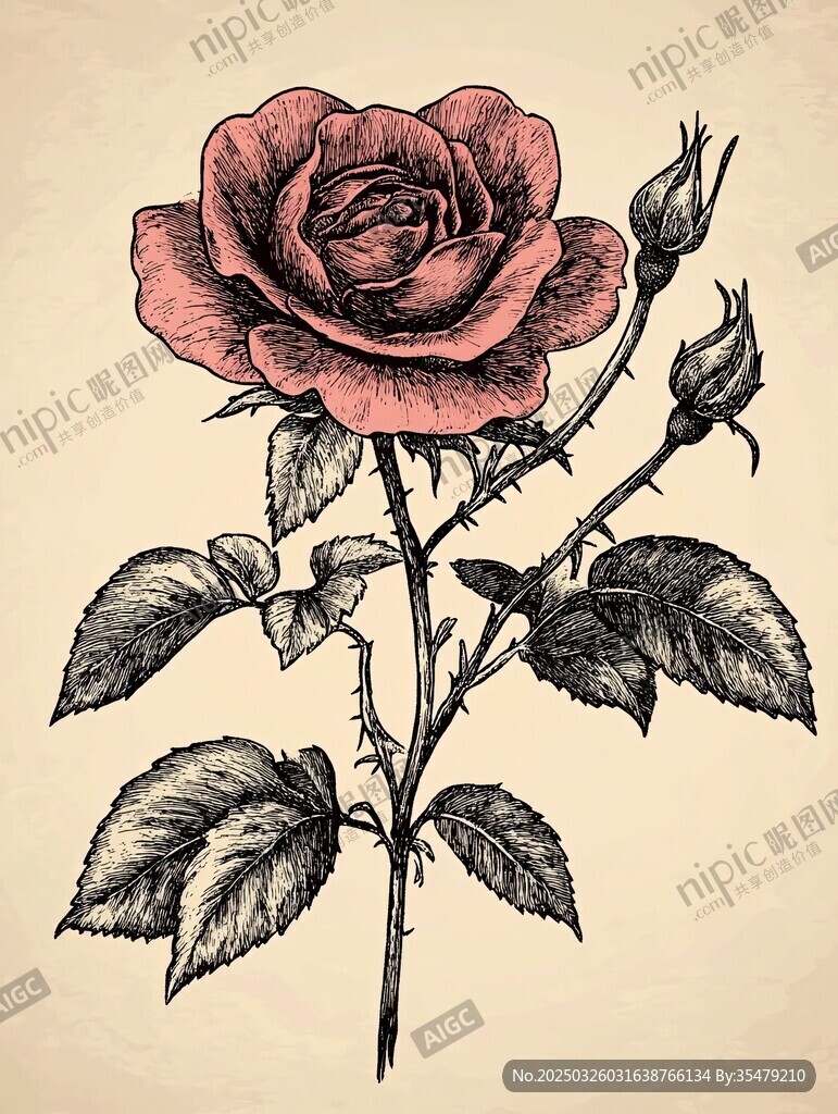復古風格單枝玫瑰花插畫