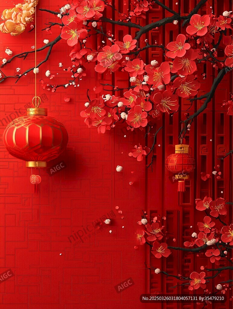 新春紅墻下的燈籠梅花景