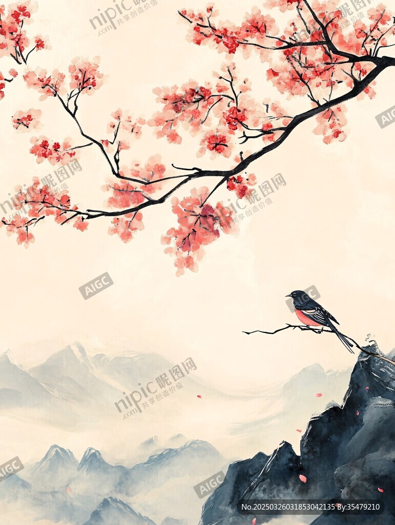 紅梅枝頭鳥立山川美景