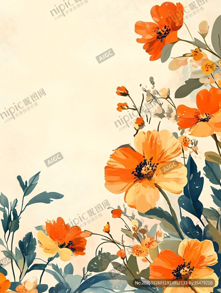 橙花綻放水彩花卉插畫