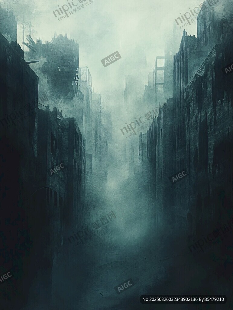 迷霧籠罩的廢棄都市景象