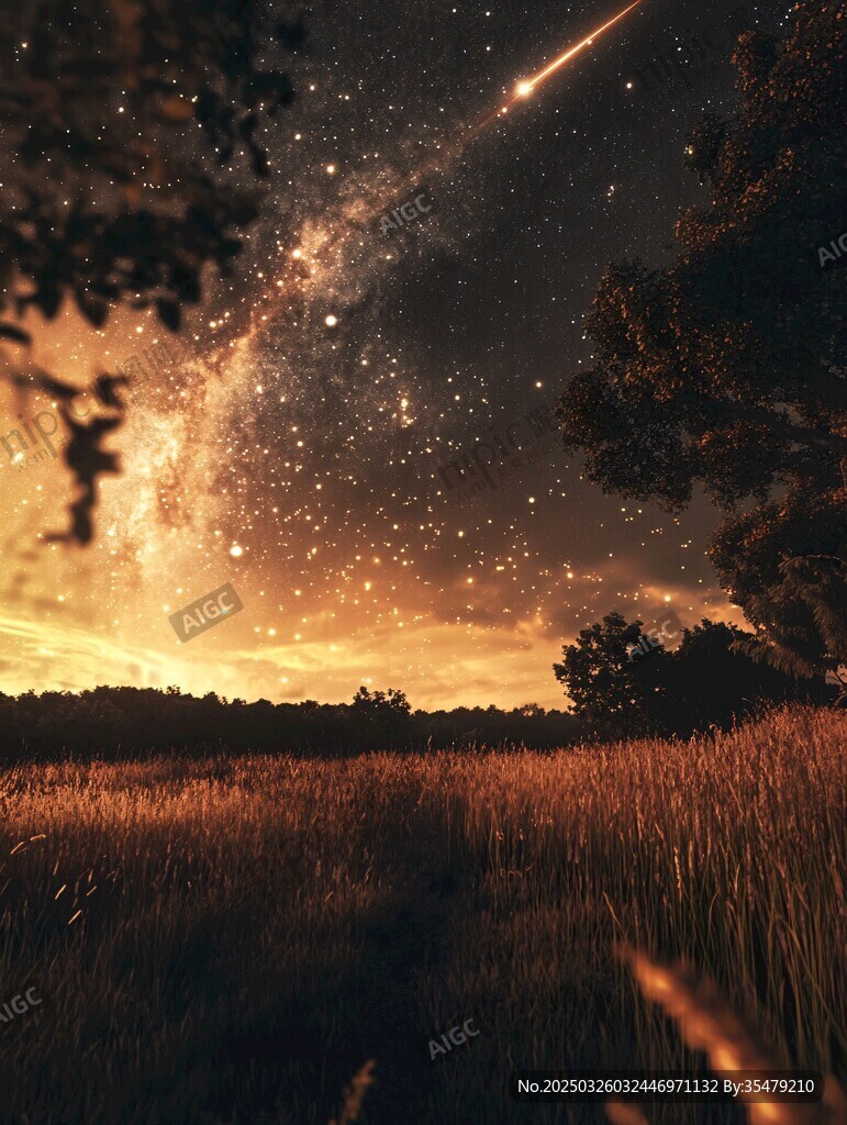 夜空中的流星與田野美景