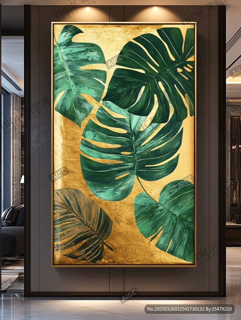 金色背景龜背竹葉裝飾畫
