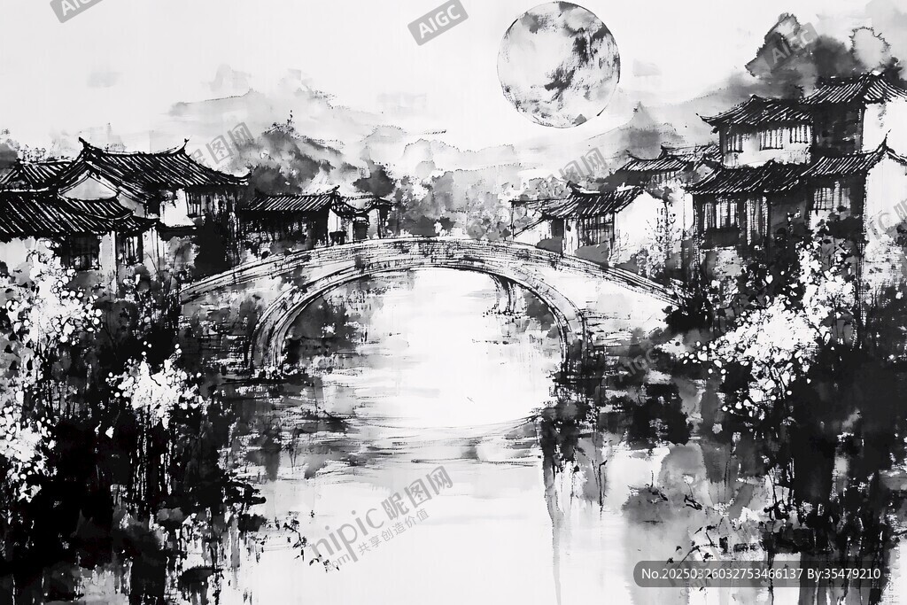 水墨江南月夜橋畔景致