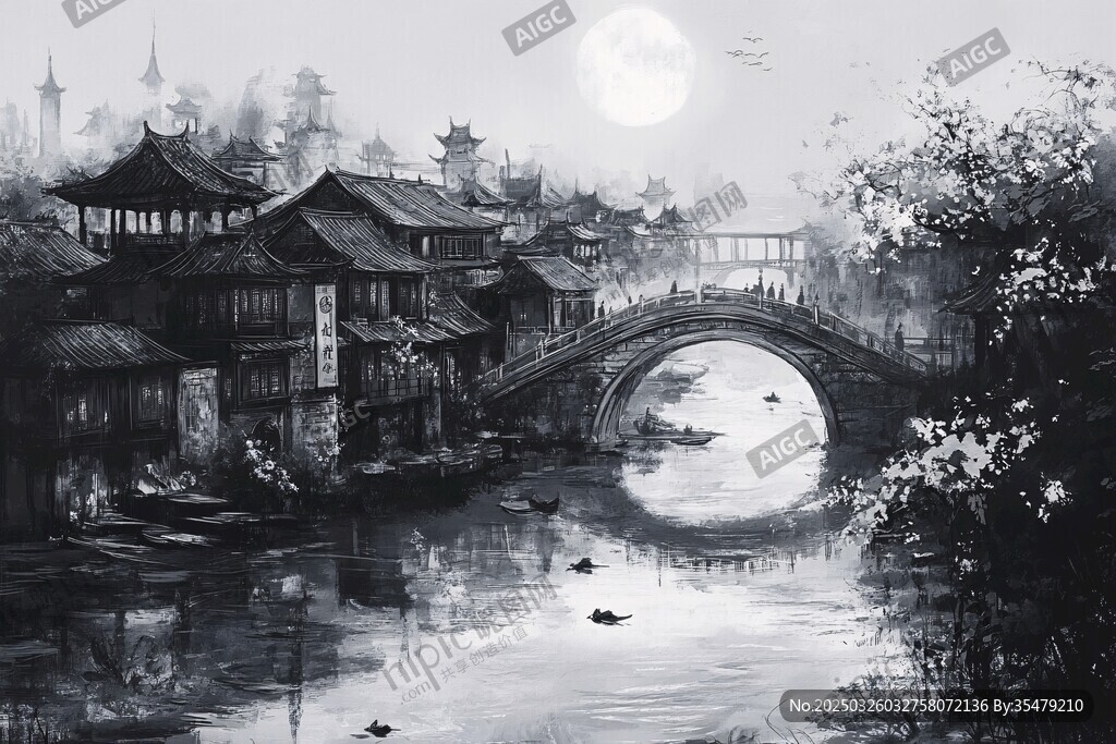 水墨江南月夜水鄉景致