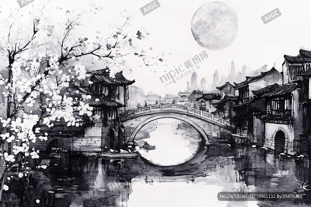 水墨江南月夜橋畔美景