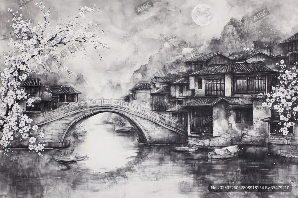 水墨江南月夜橋畔人家