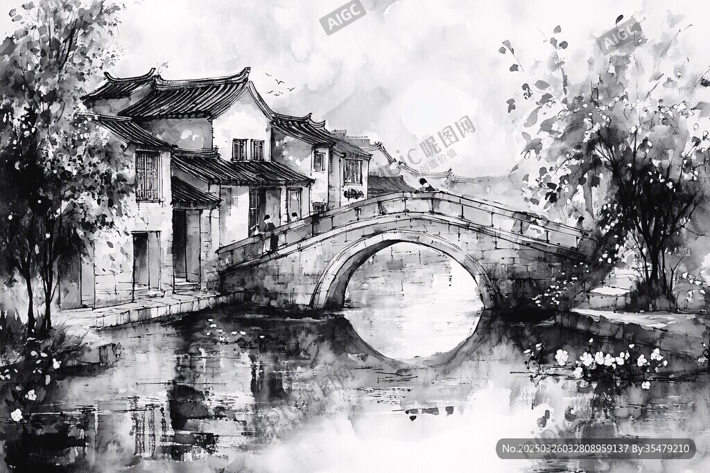 水墨江南水鄉(xiāng)石橋景致