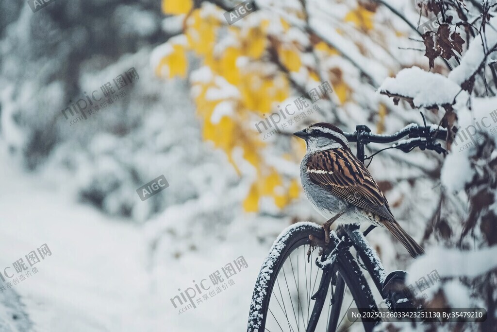 雪中單車旁的小鳥