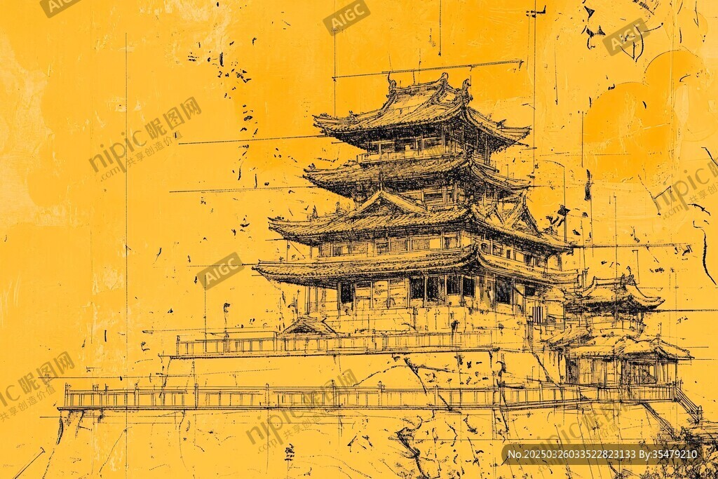 手繪中式古建筑樓閣圖