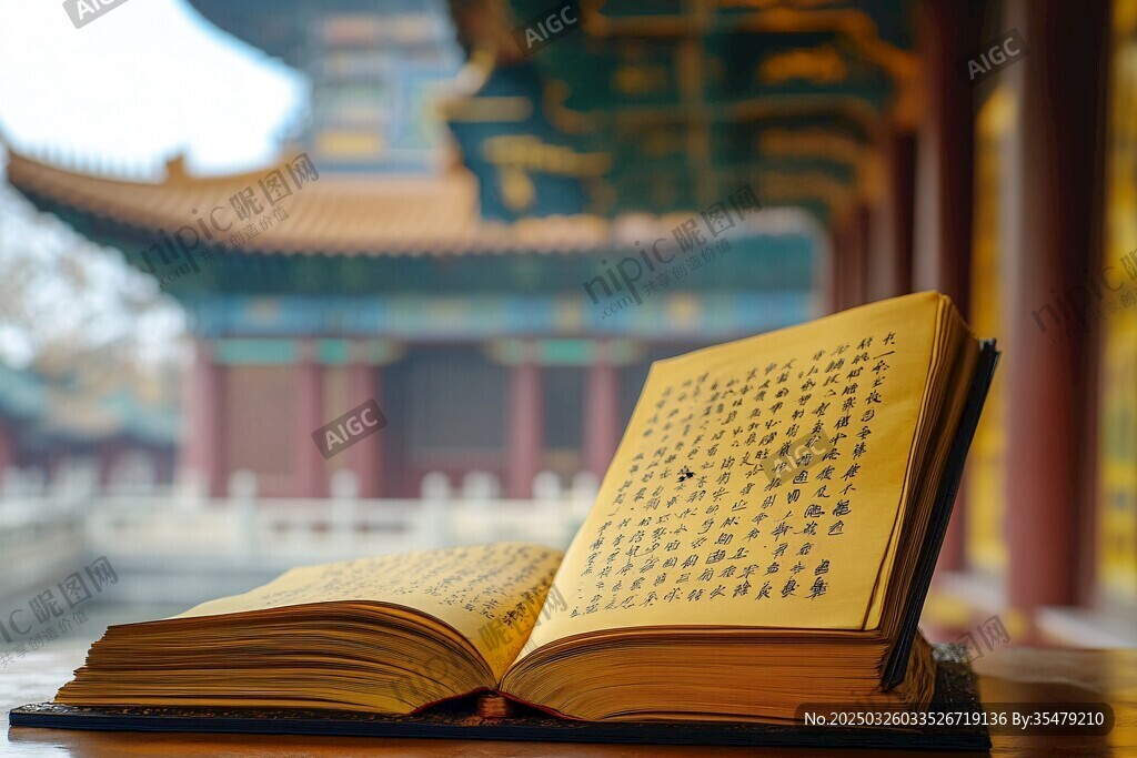 古建前翻開的中式古籍