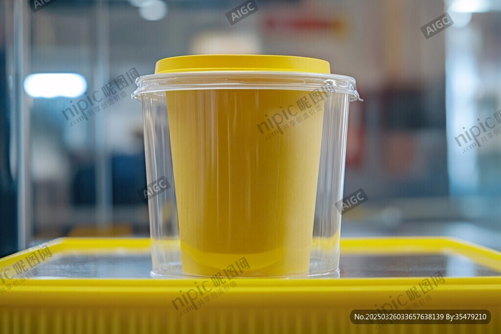 黃色杯裝飲品置于黃容器上