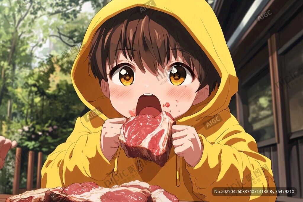 萌娃身著黃衣大快朵頤牛肉