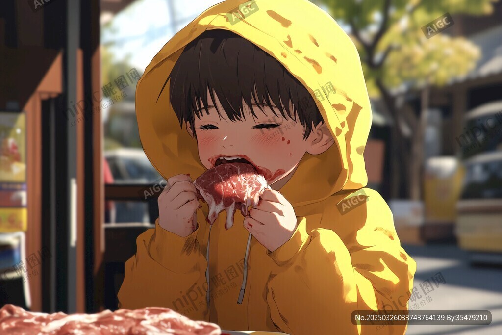 穿黃雨衣小孩開心吃披薩
