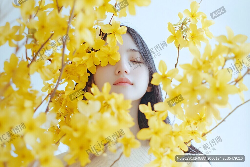 閉眼淺笑的春日黃花少女