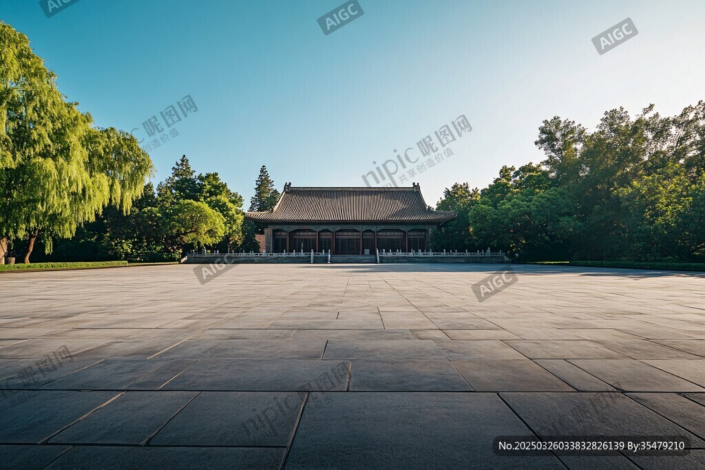 中式庭院廣場綠樹藍天景