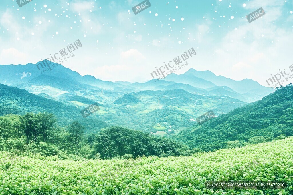 翠綠山巒間的清新田園風光