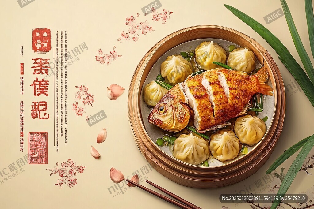中式佳肴 蒸魚配美味蒸餃