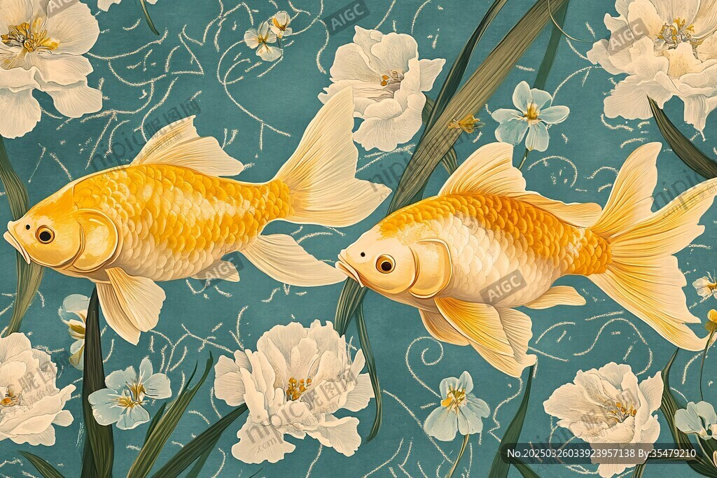 雙金魚游弋于繁花之間