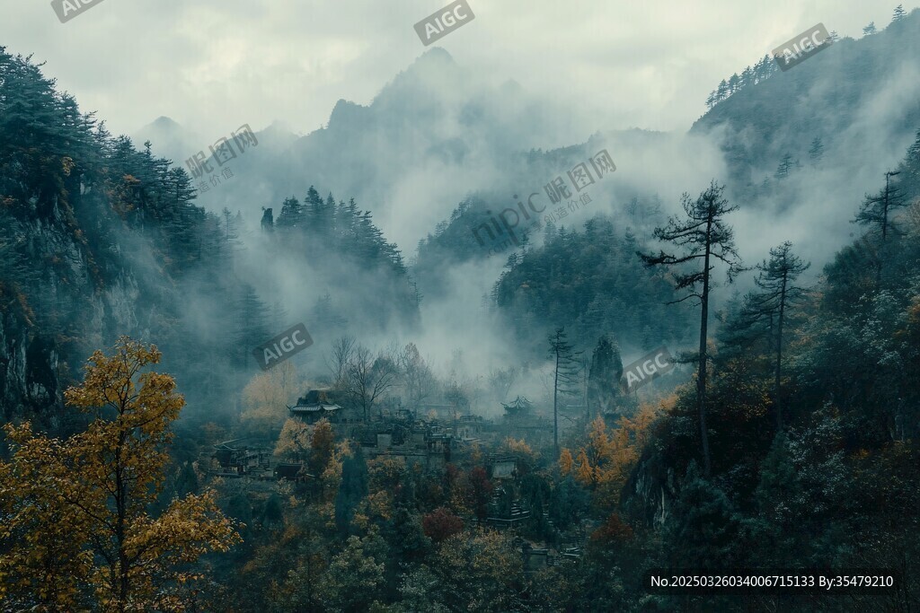 秋山霧景中的靜謐山林