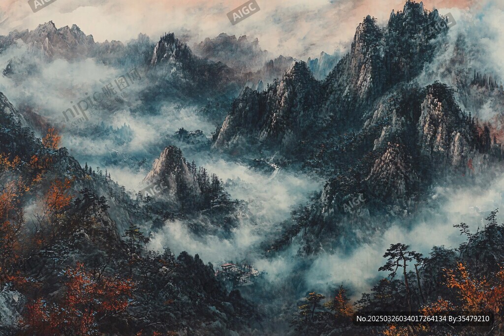 水墨群山間 云霧漫秋景