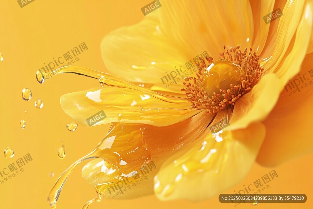 金黃花朵與晶瑩水滴之美
