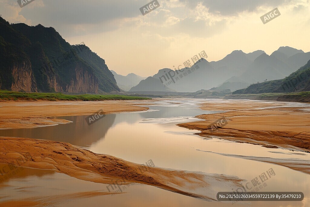 夕陽(yáng)下的河岸山水美景