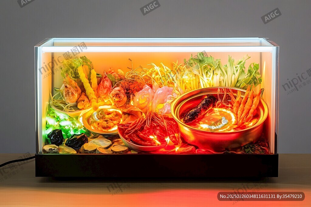 燈光下的豐盛火鍋食材