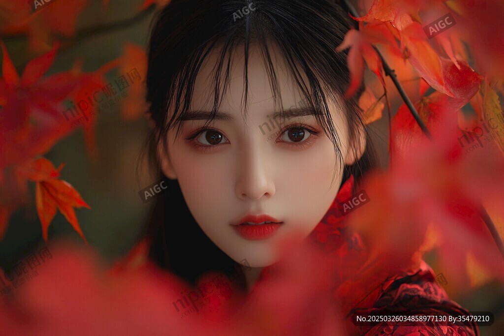 紅葉間的古風(fēng)女子