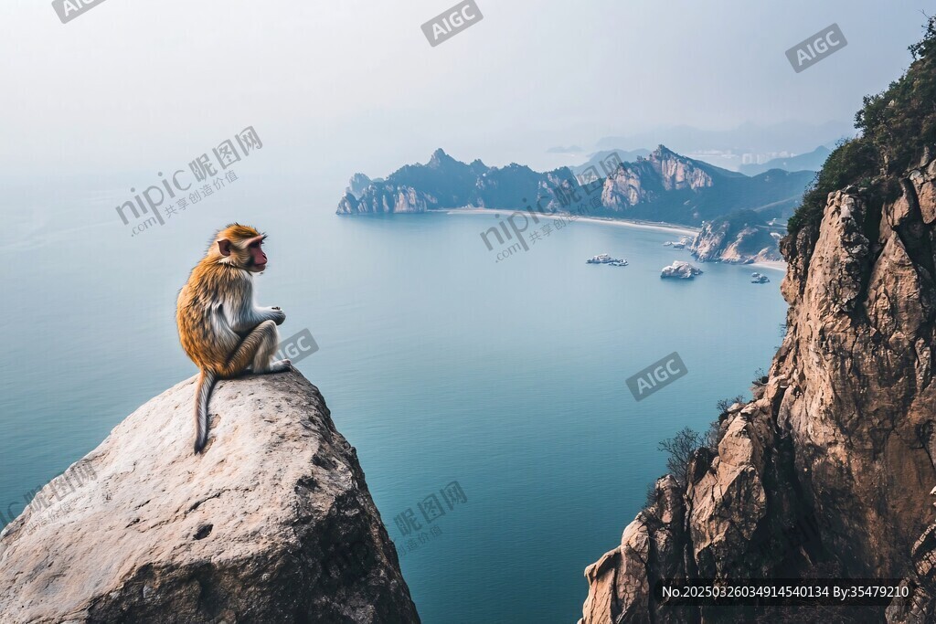 巖上猴眺碧海青山