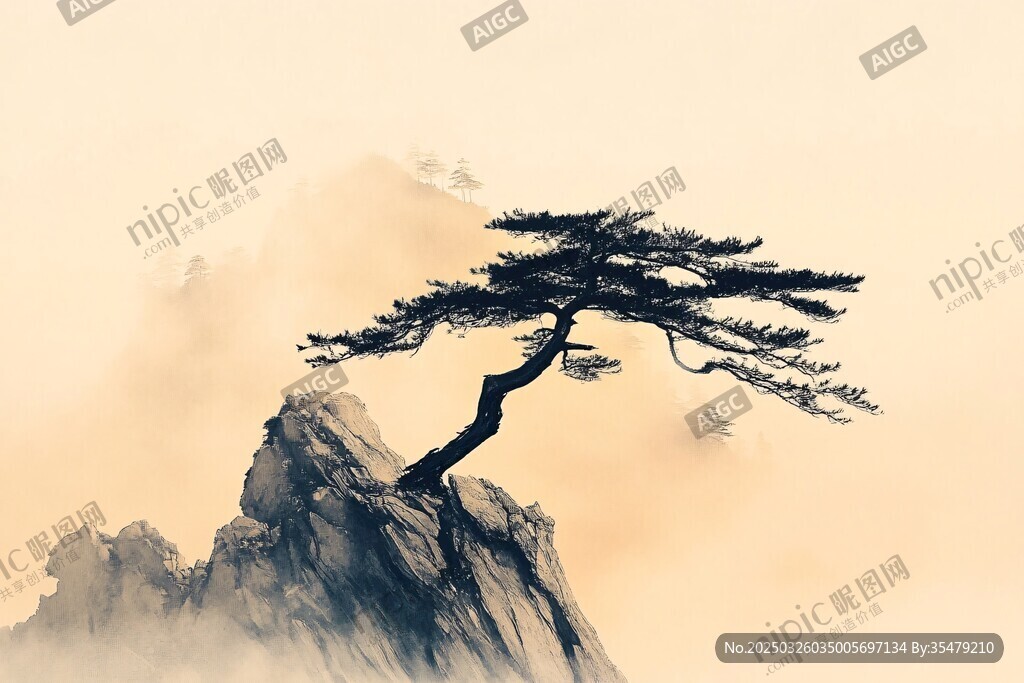 孤松立險峰 云霧繞山川