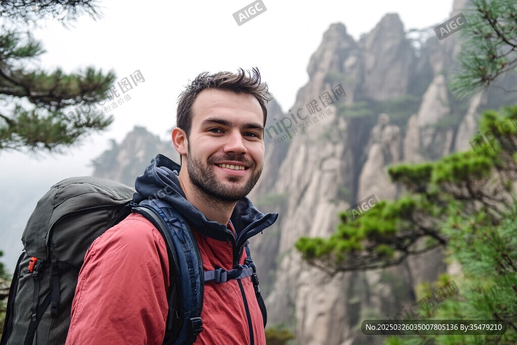 徒步旅行者于山間的燦爛笑容
