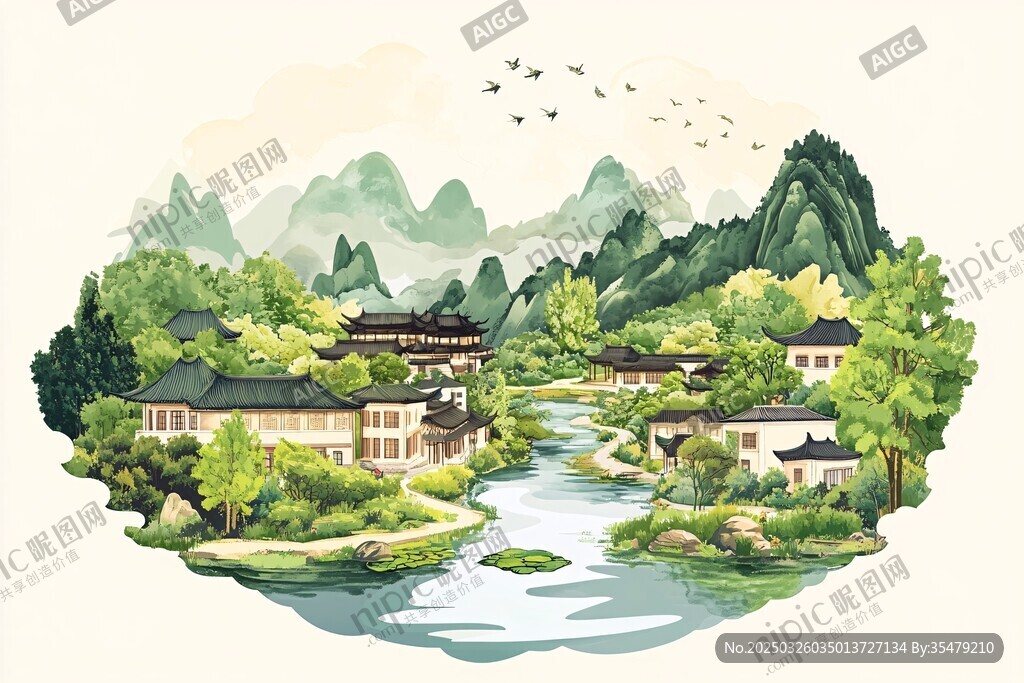 中式山水村落景觀圖
