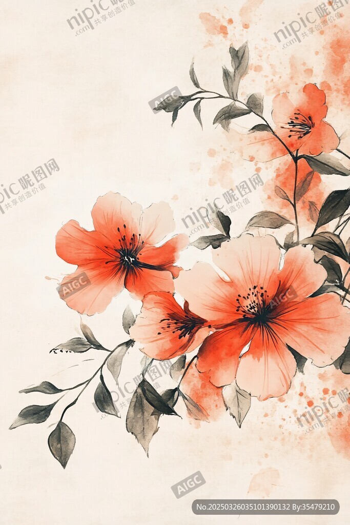 水墨風橘色花卉雅致插畫