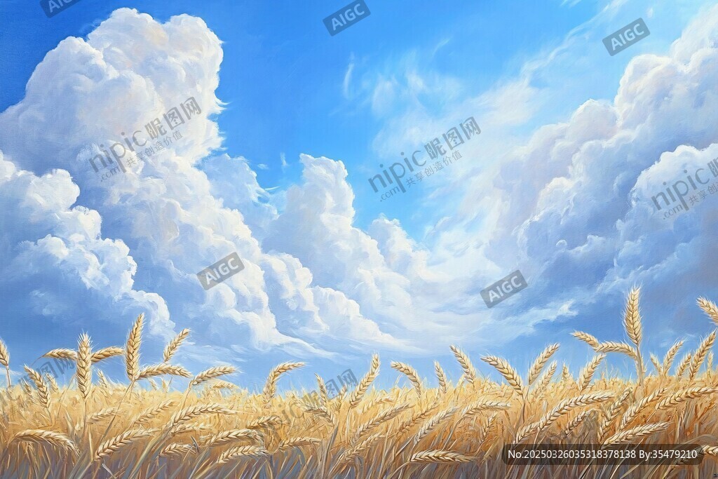 麥田上空的夢幻藍天白云