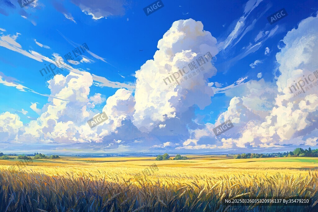 麥田上空的夢幻云朵