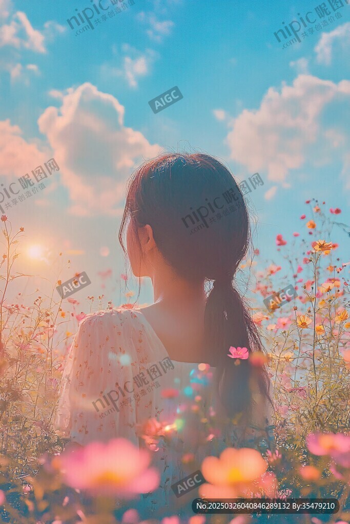 少女置身花海望向遠方