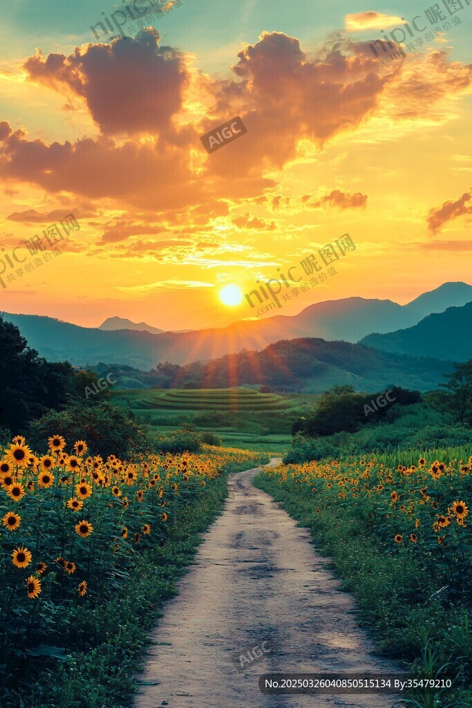 夕陽下的花田小路