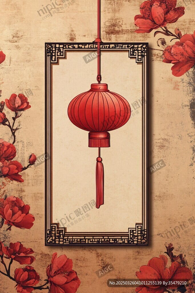 中式紅燈籠與花卉裝飾圖