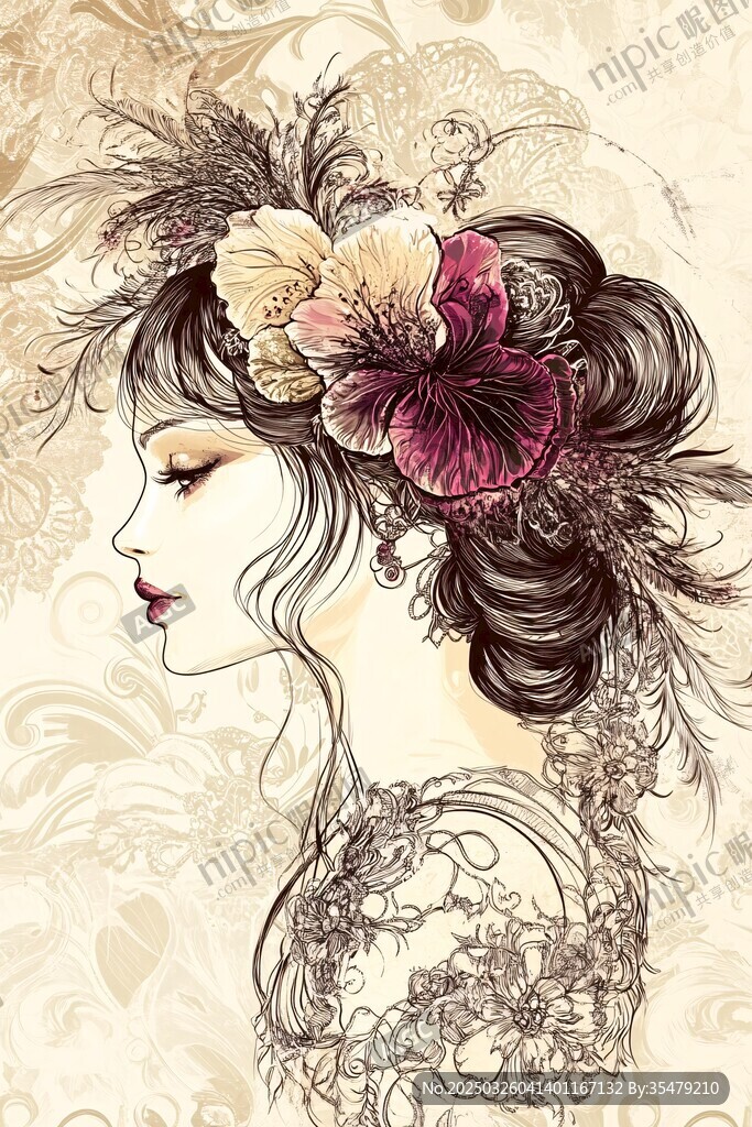 復(fù)古花朵發(fā)飾的優(yōu)雅女子