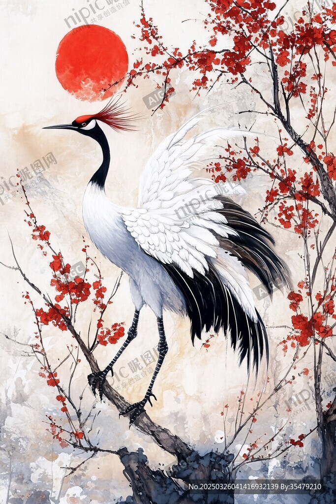 丹頂鶴立紅梅映紅日